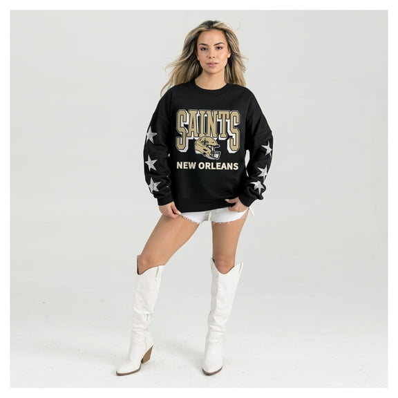 Women's Gameday Couture Black New Orleans Saints Pure Victory Rhinestud Star-Sleeve Pullover Sweatshirt