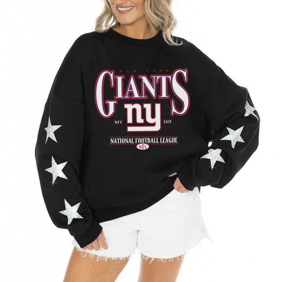 Women's Gameday Couture Black New York Giants Rhinestone Star Sleeve Settle the Score Oversized Tri-Blend Pullover
