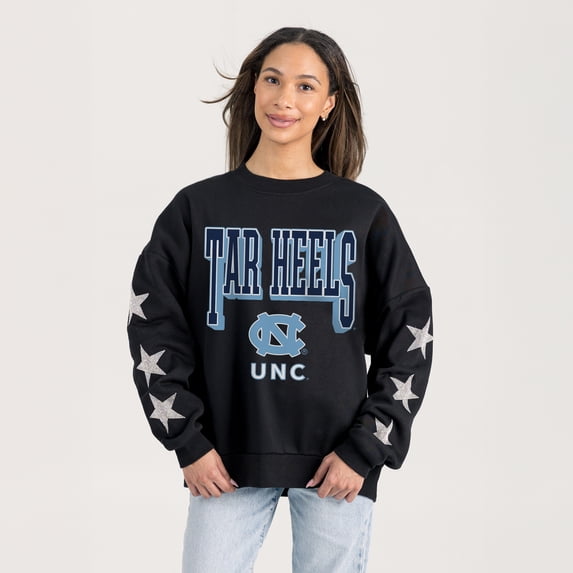 Women's Gameday Couture Black North Carolina Tar Heels Pure Victory Relaxed Rhinestone Pullover Sweatshirt