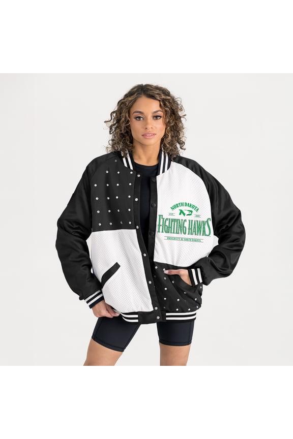Women's Gameday Couture Black North Dakota Oversized Inner Drive Varsity Rhinestone Full-Snap Bomber Jacket