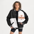 thumbnail image 1 of Women's Gameday Couture Black Oklahoma State Cowboys Oversized Inner Drive Varsity Rhinestone Full-Snap Bomber Jacket, 1 of 5