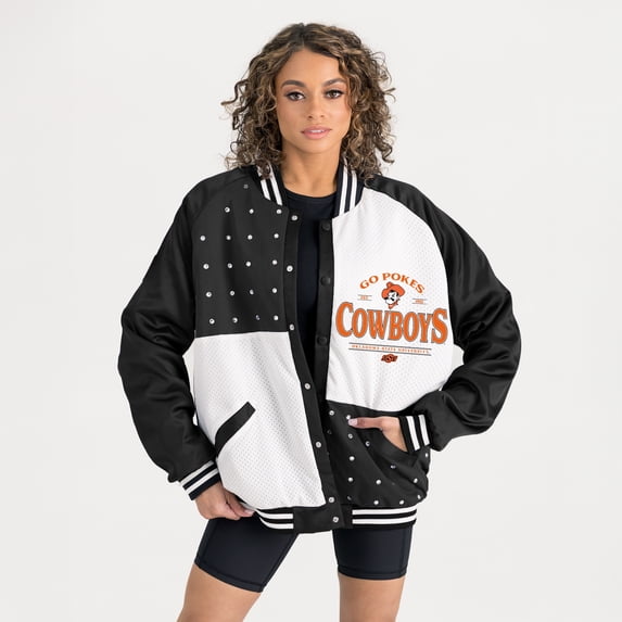Women's Gameday Couture Black Oklahoma State Cowboys Oversized Inner Drive Varsity Rhinestone Full-Snap Bomber Jacket