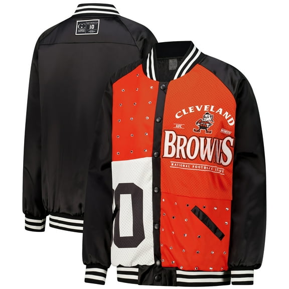 Women's Gameday Couture Black/Orange Cleveland Browns Oversized Hot Shot Rhinestone Throwback Full-Snap Varsity Bomber