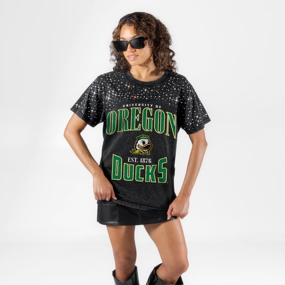 Women's Gameday Couture Black Oregon Ducks In the Zone Washed Micro Rhinestone T-Shirt