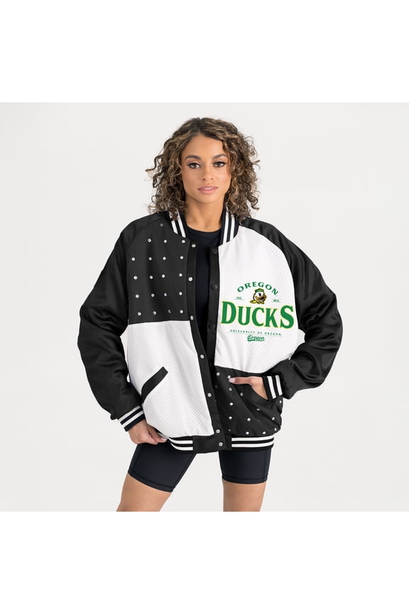 Women's Gameday Couture Black Oregon Ducks Oversized Inner Drive Varsity Rhinestone Full-Snap Bomber Jacket