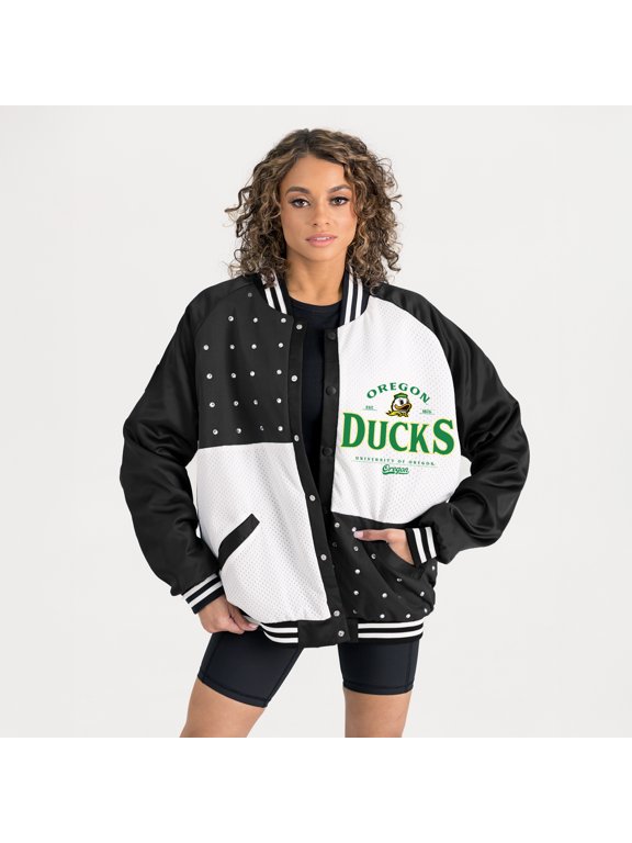 Women's Gameday Couture Black Oregon Ducks Oversized Inner Drive Varsity Rhinestone Full-Snap Bomber Jacket
