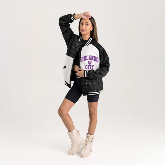 Women's Gameday Couture Black Orlando City SC Refined Rivalries Rhinestone Raglan Full-Snap Varsity Bomber Jacket