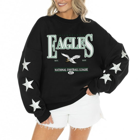 Women's Gameday Couture Black Philadelphia Eagles Rhinestone Star Sleeve Settle the Score Oversized Tri-Blend Pullover