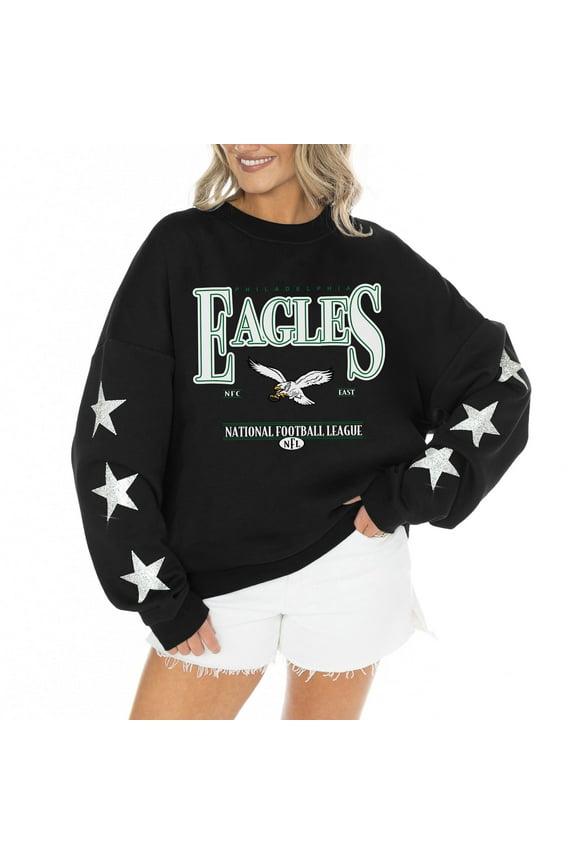 Women's Gameday Couture Black Philadelphia Eagles Rhinestone Star Sleeve Settle the Score Oversized Tri-Blend Pullover