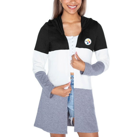 Women's Gameday Couture Black Pittsburgh Steelers Tri-Blend Color Block Lightweight Cardigan Hoodie