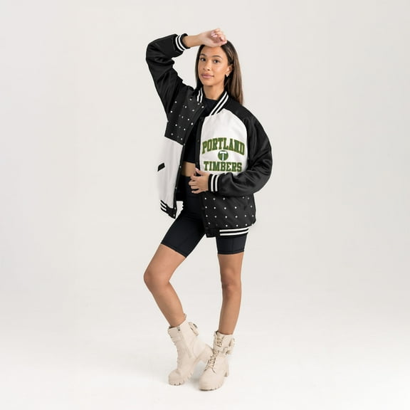Women's Gameday Couture Black Portland Timbers Refined Rivalries Rhinestone Raglan Full-Snap Varsity Bomber Jacket