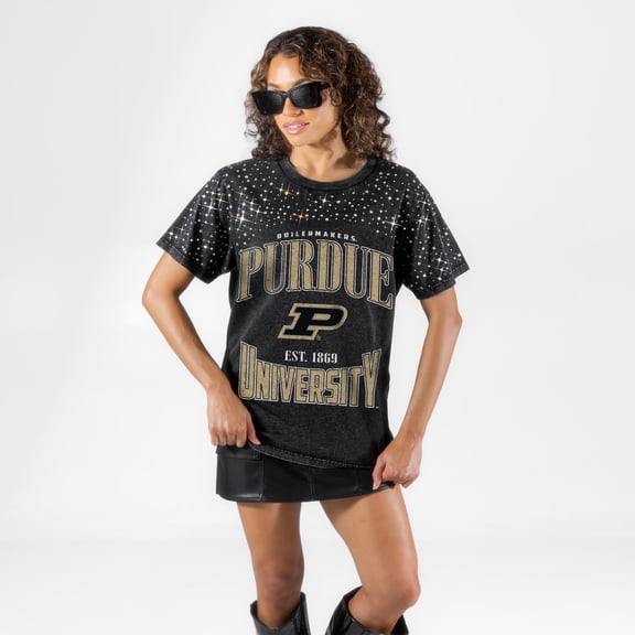 Women's Gameday Couture Black Purdue Boilermakers In the Zone Washed Micro Rhinestone T-Shirt