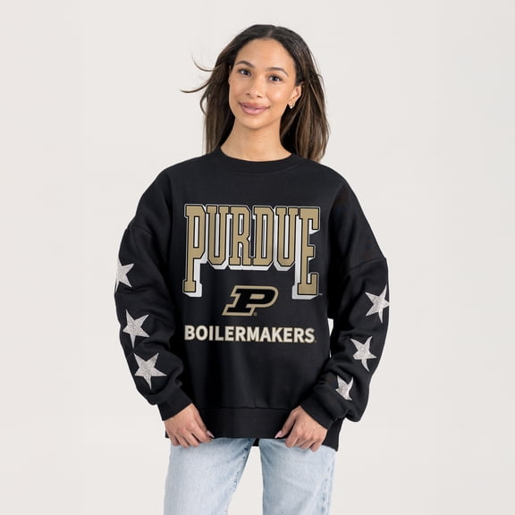 Women's Gameday Couture  Black Purdue Boilermakers Pure Victory Relaxed Rhinestone Pullover Sweatshirt