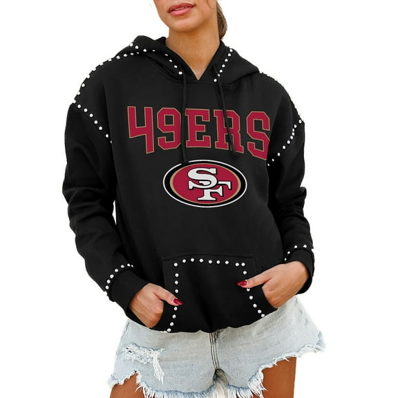 Women's Gameday Couture Black San Francisco 49ers Oversized Catch the Vibe Studded Pullover Hoodie