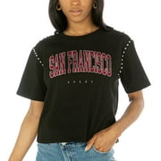Women's Gameday Couture  Black San Francisco 49ers Elite Elegance Studded Sleeve Cropped T-Shirt