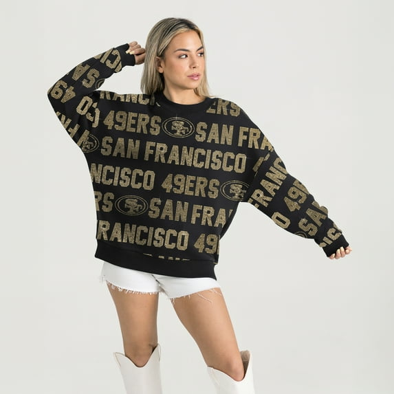 Women's Gameday Couture Black San Francisco 49ers Relaxed Drop Shoulder Hype Era Rhinestone Text Sweatshirt