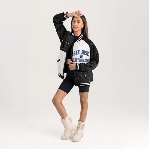 Women's Gameday Couture Black San Jose Earthquakes Refined Rivalries Rhinestone Raglan Full-Snap Varsity Bomber Jacket