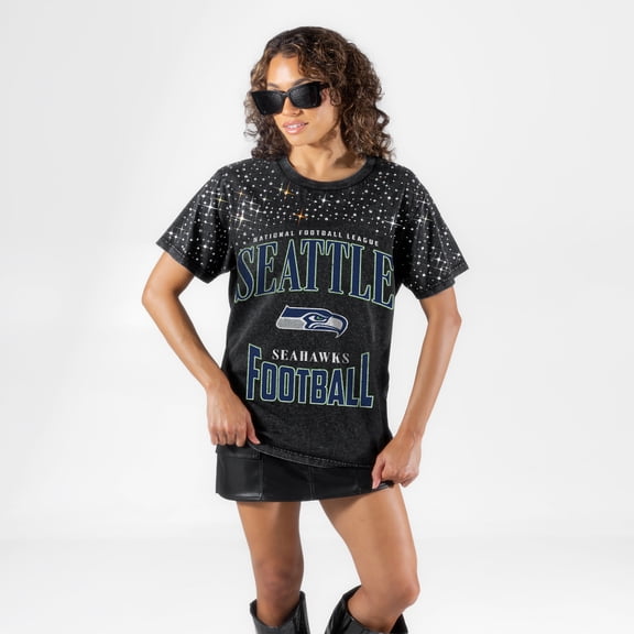 Women's Gameday Couture Black Seattle Seahawks In the Zone Washed Micro Rhinestone T-Shirt