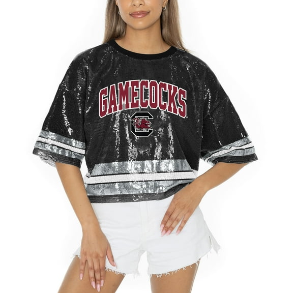 Women's Gameday Couture Black South Carolina Gamecocks Sequin Striped Cropped Fashion Jersey T-Shirt