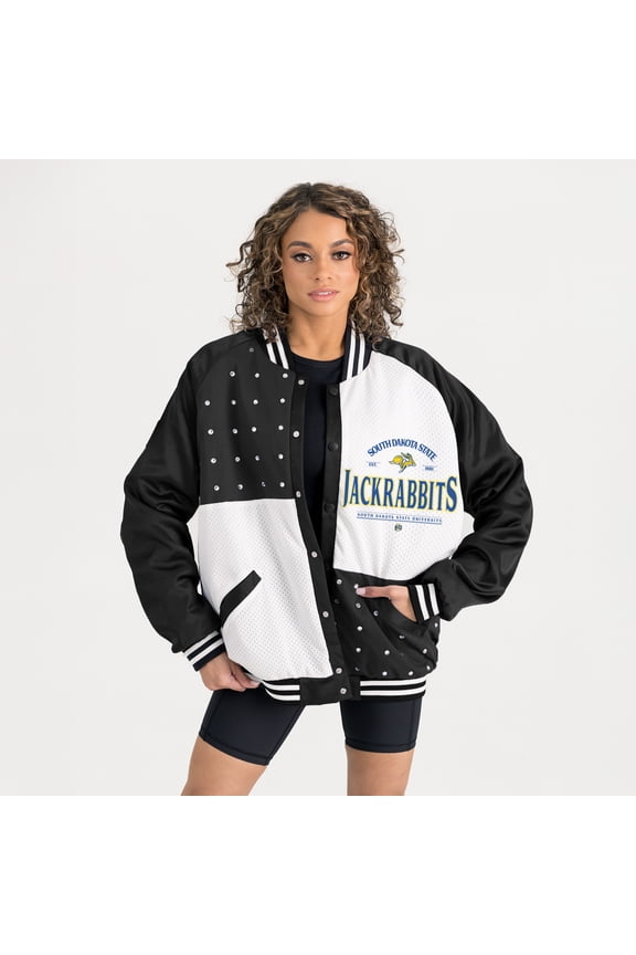 Women's Gameday Couture Black South Dakota State Jackrabbits Oversized Inner Drive Varsity Rhinestone Full-Snap Bomber