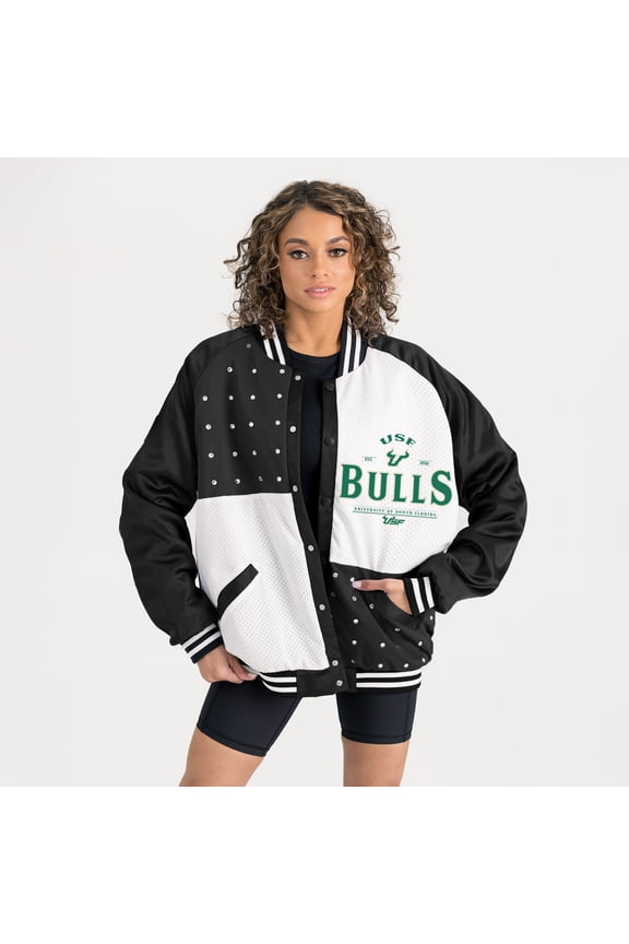 Women's Gameday Couture Black South Florida Bulls Oversized Inner Drive Varsity Rhinestone Full-Snap Bomber Jacket