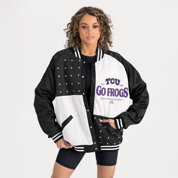 Women's Gameday Couture Black TCU Horned Frogs Oversized Inner Drive Varsity Rhinestone Full-Snap Bomber Jacket