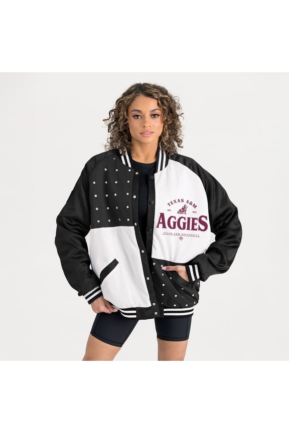 Women's Gameday Couture Black Texas A&M Aggies Oversized Inner Drive Varsity Rhinestone Full-Snap Bomber Jacket