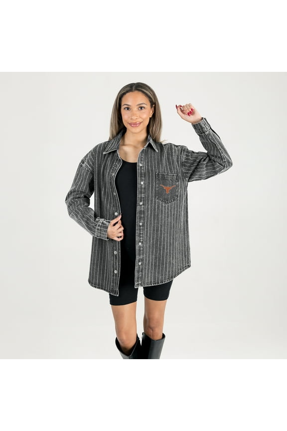 Women's Gameday Couture Black Texas Longhorns Oversized Style's the Limit Micro-Rhinestone Stripe Washed Denim Button Up