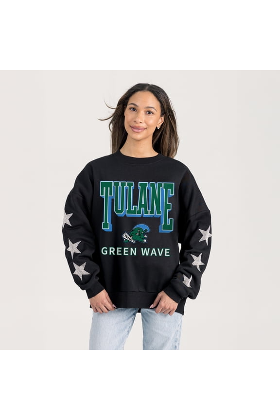 Women's Gameday Couture Black Tulane Green Wave Pure Victory Relaxed Rhinestone Pullover Sweatshirt