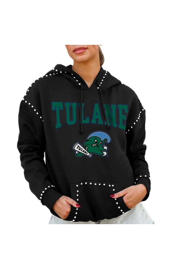 Women's Gameday Couture Black Tulane Green Wave Studded Pullover Hoodie