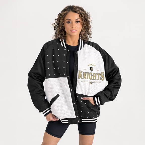 Women's Gameday Couture Black UCF Knights Oversized Inner Drive Varsity Rhinestone Full-Snap Bomber Jacket