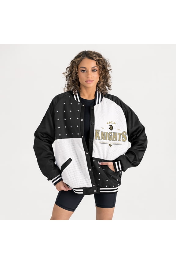 Women's Gameday Couture Black UCF Knights Oversized Inner Drive Varsity Rhinestone Full-Snap Bomber Jacket