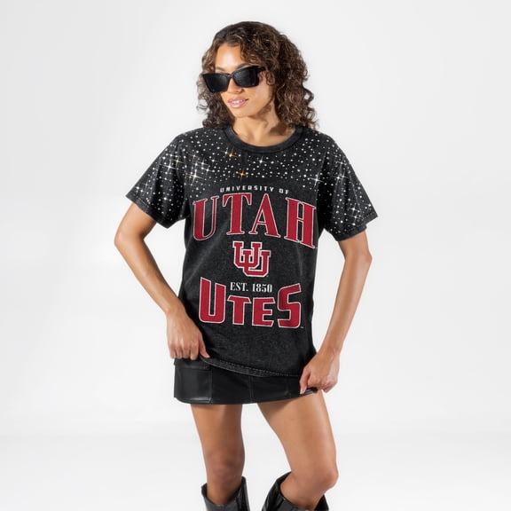 Women's Gameday Couture Black Utah Utes In the Zone Washed Micro Rhinestone T-Shirt