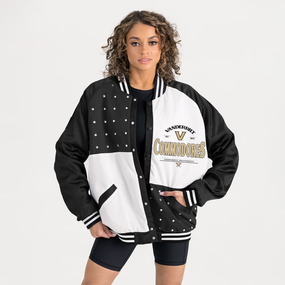 Women's Gameday Couture Black Vanderbilt Commodores Oversized Inner Drive Varsity Rhinestone Full-Snap Bomber Jacket