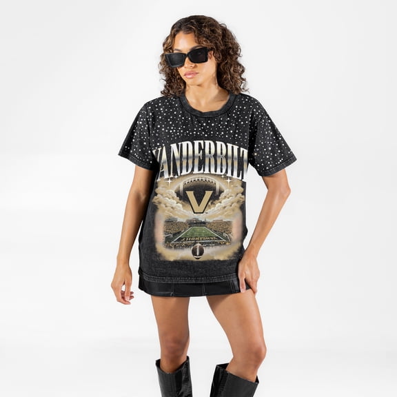 Women's Gameday Couture Black Vanderbilt Commodores Sky's the Limit Washed Micro Rhinestone T-Shirt