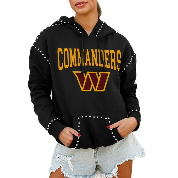Women's Gameday Couture Black Washington Commanders Oversized Catch the Vibe Studded Pullover Hoodie