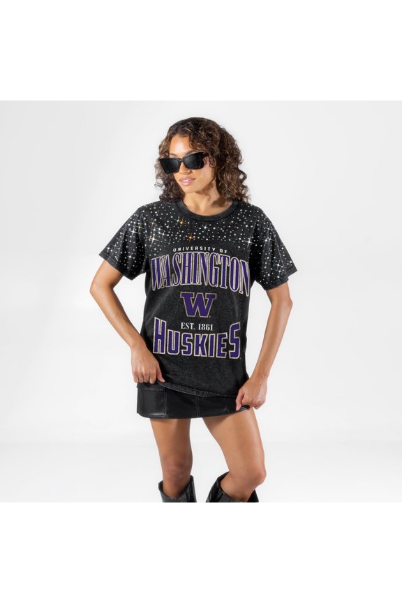 Women's Gameday Couture Black Washington Huskies In the Zone Washed Micro Rhinestone T-Shirt