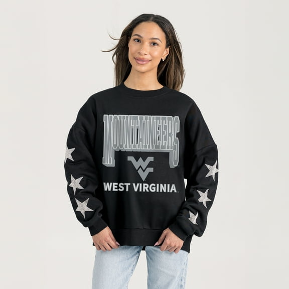 Women's Gameday Couture Black West Virginia Mountaineers Pure Victory Relaxed Rhinestone Pullover Sweatshirt