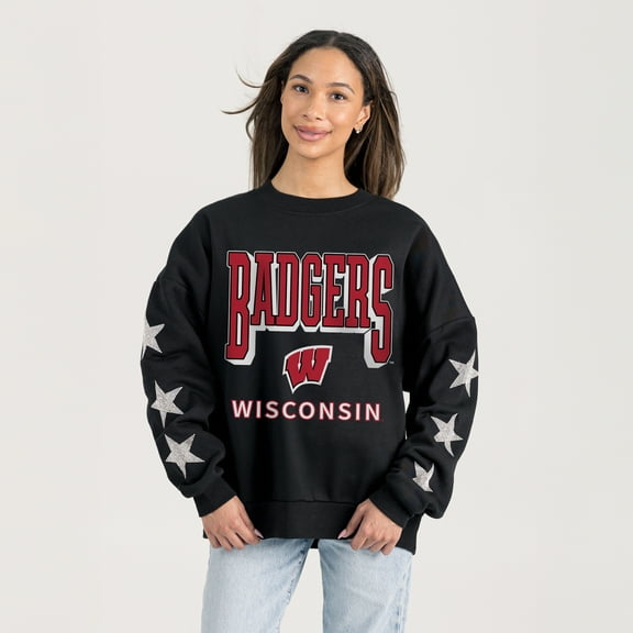Women's Gameday Couture  Black Wisconsin Badgers Pure Victory Relaxed Rhinestone Pullover Sweatshirt