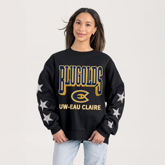 Women's Gameday Couture  Black Wisconsin Eau Claire Blugolds Pure Victory Relaxed Rhinestone Pullover Sweatshirt