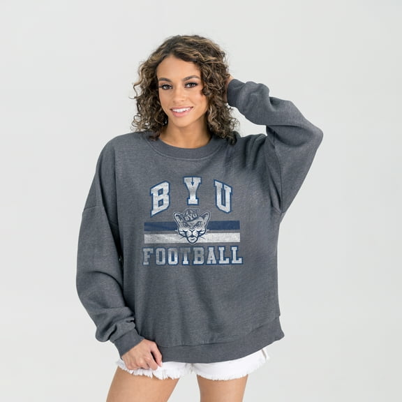 Women's Gameday Couture Charcoal BYU Cougars Oversized Good Vibes Premium Fleece Drop Shoulder Pullover Sweatshirt