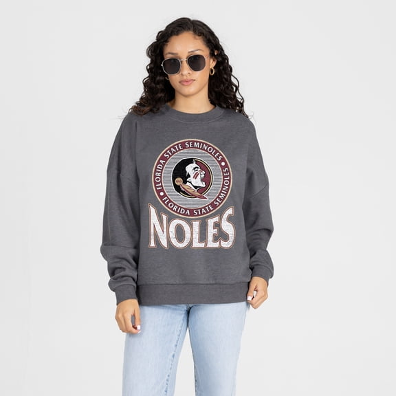 Women's Gameday Couture Charcoal Florida State Seminoles Saturday Seal Oversized Premium Drop Shoulder Sweatshirt