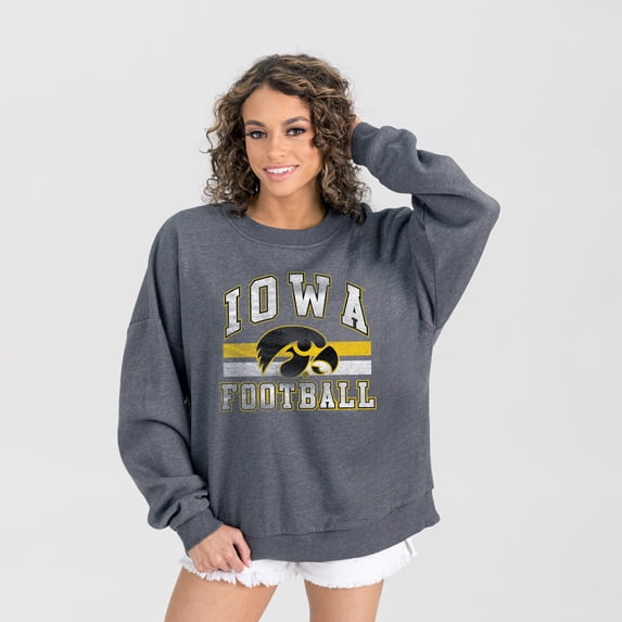 Women's Gameday Couture Charcoal Iowa Hawkeyes Oversized Good Vibes Premium Fleece Drop Shoulder Pullover Sweatshirt