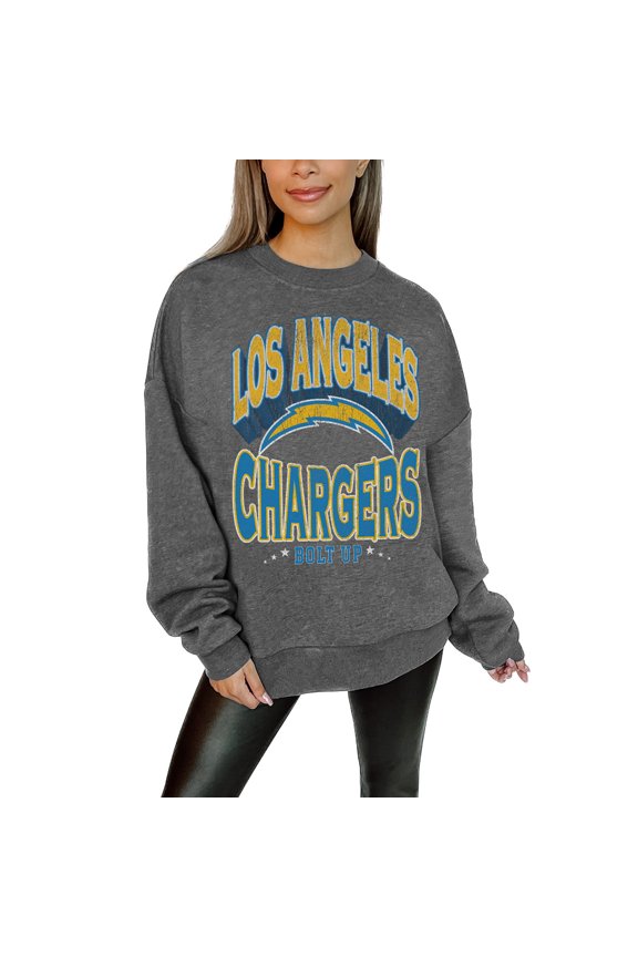 Women's Gameday Couture Charcoal Los Angeles Chargers Oversized Long Weekend Premium Fleece Drop Shoulder Pullover