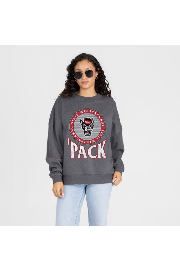 Women's Gameday Couture Charcoal NC State Wolfpack Saturday Seal Oversized Premium Drop Shoulder Sweatshirt