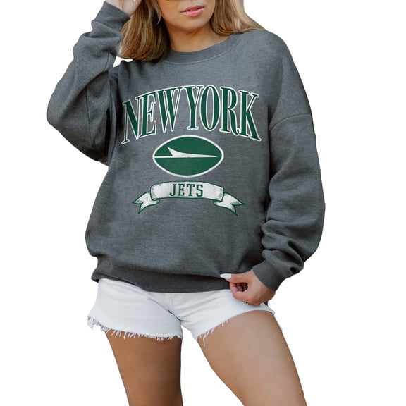 Women's Gameday Couture Charcoal New York Jets Oversized Seal The Deal Premium Fleece Drop Shoulder Pullover Sweatshirt