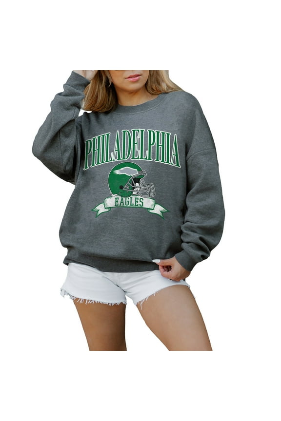 Women's Gameday Couture Charcoal Philadelphia Eagles Oversized Seal The Deal Premium Fleece Drop Shoulder Pullover