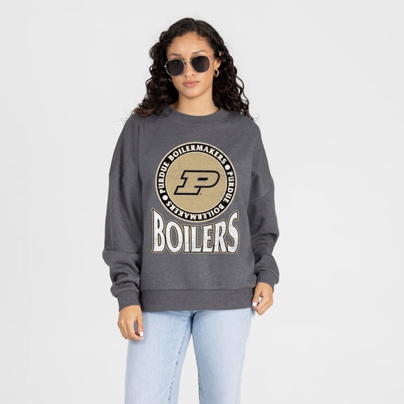 Women's Gameday Couture Charcoal Purdue Boilermakers Saturday Seal Oversized Premium Drop Shoulder Sweatshirt
