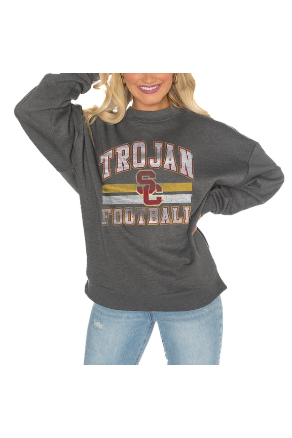 Women's Gameday Couture USC Trojans Charcoal Oversized Drop Shoulder Fleece Drop Pullover Sweatshirt