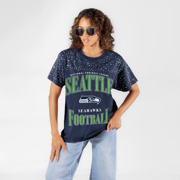 Women's Gameday Couture College Navy Seattle Seahawks Sparkle & Score Washed Micro Rhinestone T-Shirt